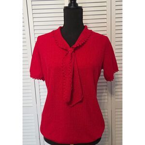 Vintage Keneth Knits Red Ribbed Knit Sweater with Crochet Tie Collar